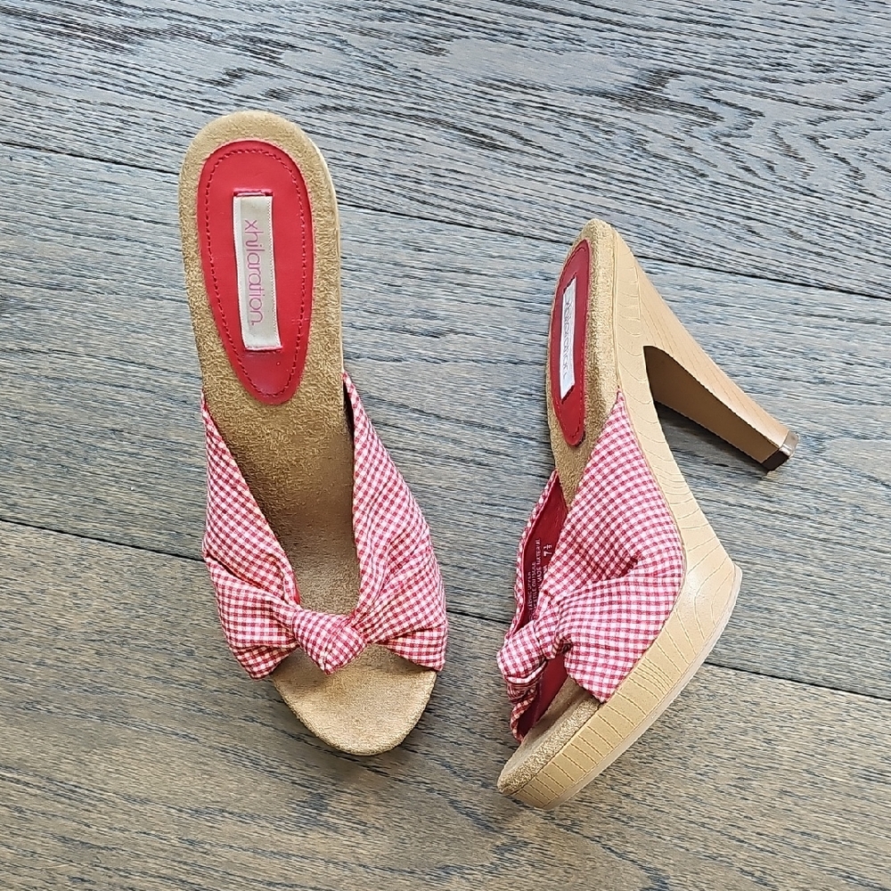 VINTAGE HOT PEEP TOE GINGHAM  MULES! SIZE 7.5